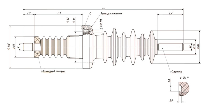 полимерный изолятор проходной 10 кв ипэл 10-5-045-00 ухл1 или ухл2 чертеж